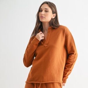 Burnt Amber 100% Cotton Long Sleeve Henley Long Sleeve V-Neck Top